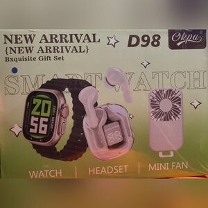 Smartwatch Gift Set with Pink Headset and Mini Fan